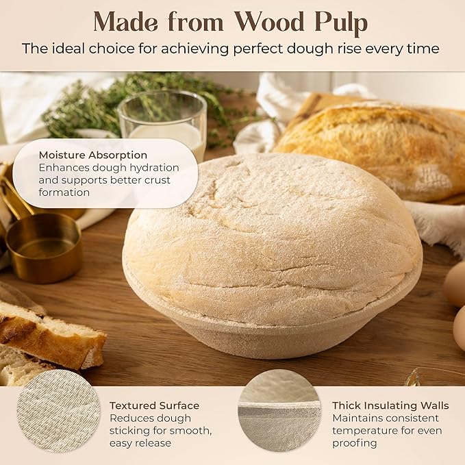 Sourdough Proofing Basket and Starter Jar Kit – 2.2 LB Round Wood Pulp Banneton with Grooved Pattern (Made in Germany) and 34 oz Sourdough Starter Jar, Thermometer Strips & Spatula –Bread Proofing Set