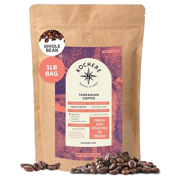 Kochere Tanzanian Specialty Whole Bean Coffee – 1LB Medium Roast – Freshly Roasted to Order – Single Origin, Farm Direct, Rich Flavored Coffee Beans – Fruity, Bright & Smooth Notes