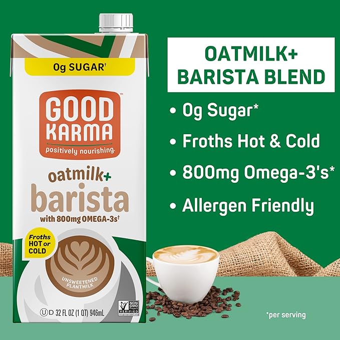 Good Karma Unsweetened Oatmilk + Barista Blend, 32 Ounce (Pack of 6), 800mg Omega -3s, Plant-Based Non-Dairy Milk Creamer Alternative with Oats, Flax and Peas, Lactose Free, Vegan, Shelf Stable