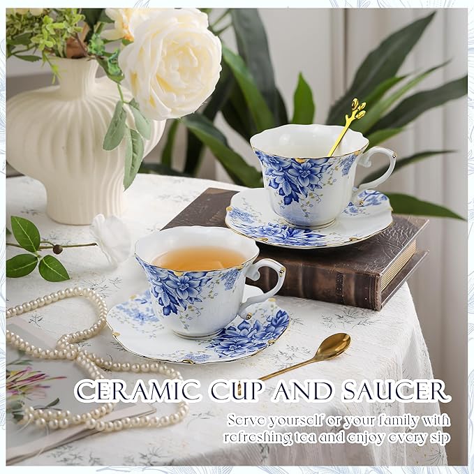 TATSUMI Country Roses Bone China Tea Cup and Saucer Set, 3 Pieces, Vintage Style, For Women and Tea Parties(Rose Blue,1 Set)