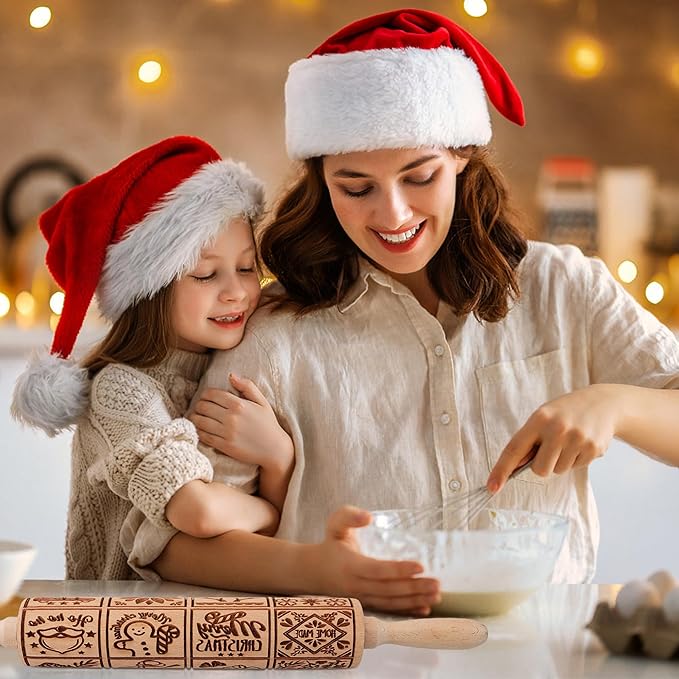 17" Premium Wood Rolling Pin with XMAS Embossed Designs | 3mm Deep Springerle Cookie Molds | Christmas Rolling Pin & Baking Gifts for Women | Includes 3-in-1 Cleaning Brush
