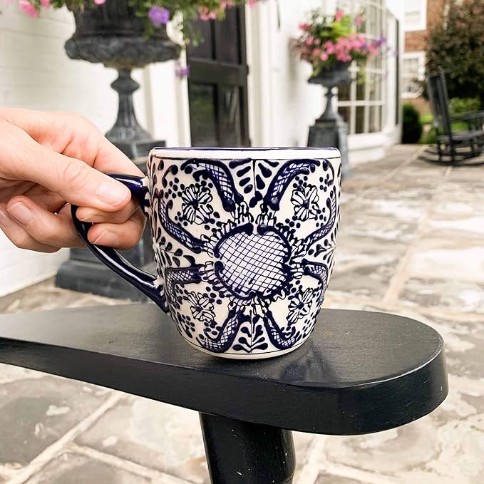 Encantada Handmade Hand-Painted Authentic Mexican Pottery Mugs (1-Pack, Cobalt Blue Flower)
