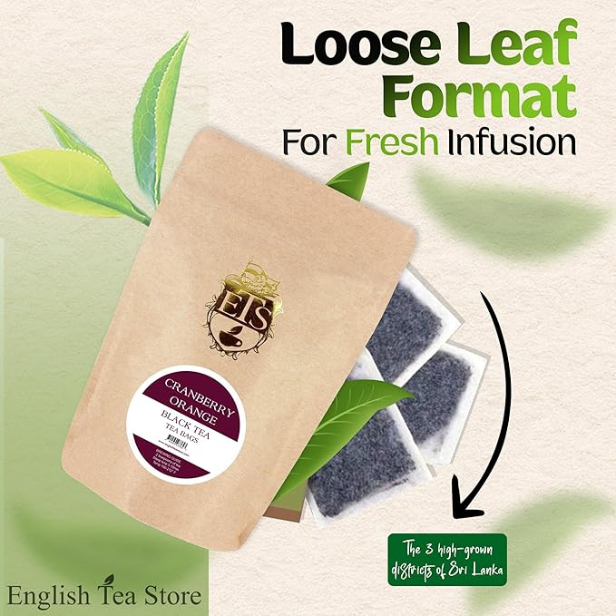 English Tea Store - Cranberry Orange Flavored Black Tea | Tart Cranberry & Sweet Citrus Blend | Natural Fruit Infused | Small Batch Crafted | 25 Teabags Pouch | No Strings or Tags