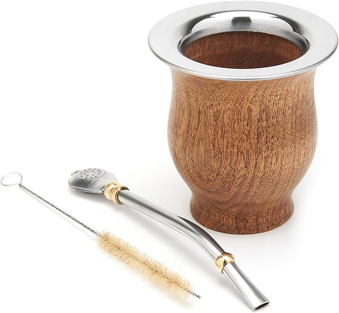 BALIBETOV Selected Collection - Yerba Mate Gourd (Mate Cup) - Premium Mate Gourd With German Silver Rim - Includes Stainless Steel Bombilla and Cleaning Brush. (The Camionero Carob Gourd)