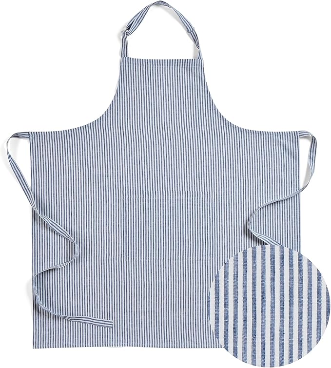 Solino Home 100% Pure Linen Apron for Women & Men - Navy and White Stripe Full Midi Bib Apron, Adjustable Neck Strap with Center Pockets for Kitchen, Chef - Handcrafted from European Flax