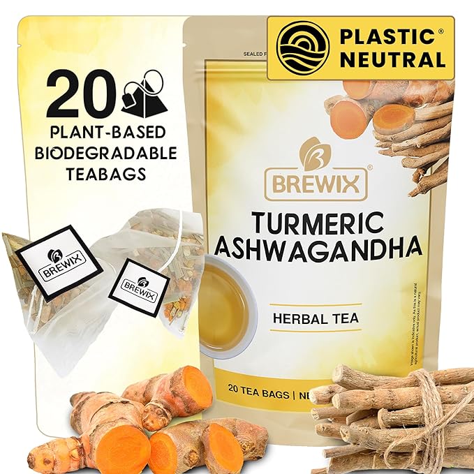 BREWIX, Turmeric Ashwagandha Herbal Tea Bags (20 Pyramid Tea Bags) Adaptogenic Herbs for Stress & Mood Support | Evening Calm & Sleep Support | Real Ingredients From India, Caffeine Free & Naturally Gluten Free | 100% Pure Herbal Blend Packed in Reseal...