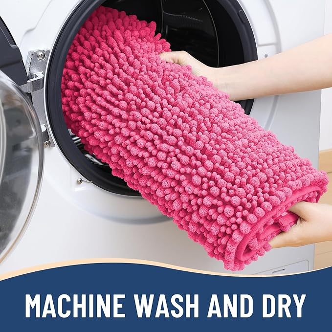 Arotive Luxury Chenille Bathroom Rug Mat, Extra Soft Thick Absorbent Shaggy Bath Rugs, Non-Slip Machine Wash Dry, Plush Bath Mats for Bathroom, Shower and Tub, 34x21, Deep Pink