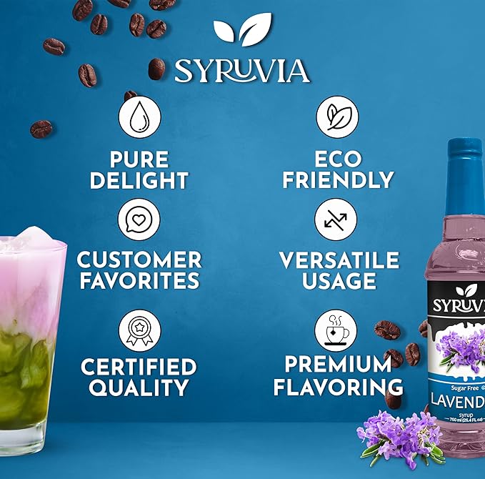Syruvia Sugar Free Coffee Syrup, Lavender Flavored Syrup for Drinks, Lattes, and Desserts – 25.4 fl oz, With Pump