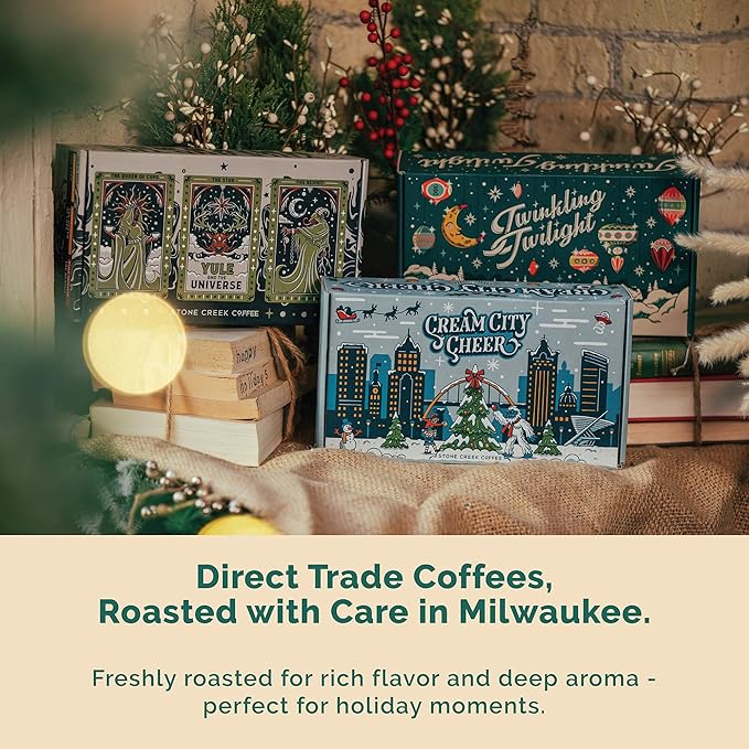 Stone Creek Coffee Twinkling Twilight Box (Dark, Medium, and Light Roast, 8 Oz) – Whole Bean Coffee Sampler, Holiday Limited-Edition Gift Set, Juicy, Balanced and Bold Roasted Coffee Beans