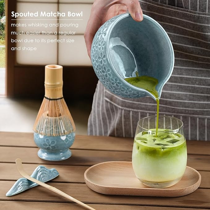 7Pcs Matcha Whisk Set, Ceramic Matcha Bowl with Spout,Bamboo Whisk and Holder, Bamboo Scoop,Scoop Rest,Sifter and Tea Towel,Matcha Kit w/Cherry Blossom Carved Pattern (Blue)