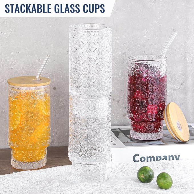16 Oz Glass Cups Set of 4, Vintage Embossed Floral Glass Tumbler, Iced Coffee Cups with Lid, for Whiskey Cocktail Beer (4 PACK)