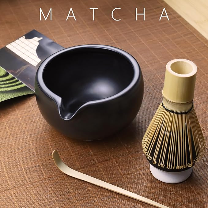 Artcome 4 Pcs Complete Matcha Ceremony Kit - Bowl With Pouring Spout, Whisk, Holder, Scoop - Japanese Tea Set for Making Usucha, Koicha and Latte (Black)