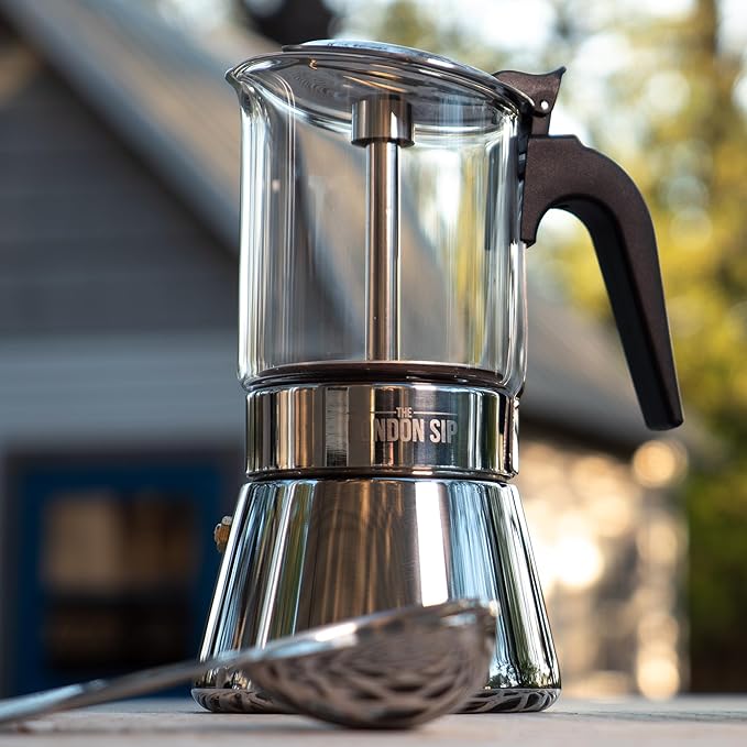 London Sip Glass and Stainless Steel Stovetop Espresso Maker Moka Pot Italian Coffee Percolator, Glass, Small (5.07 oz)