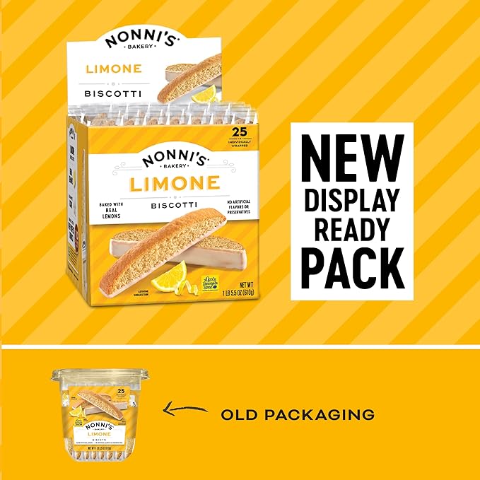 Nonni's Limone Lemon-Iced Biscotti Cookies – Individually Wrapped Italian Tea-Time Snack, Crunchy Twice-Baked, 110 Cal Each, 21.5 oz Carton