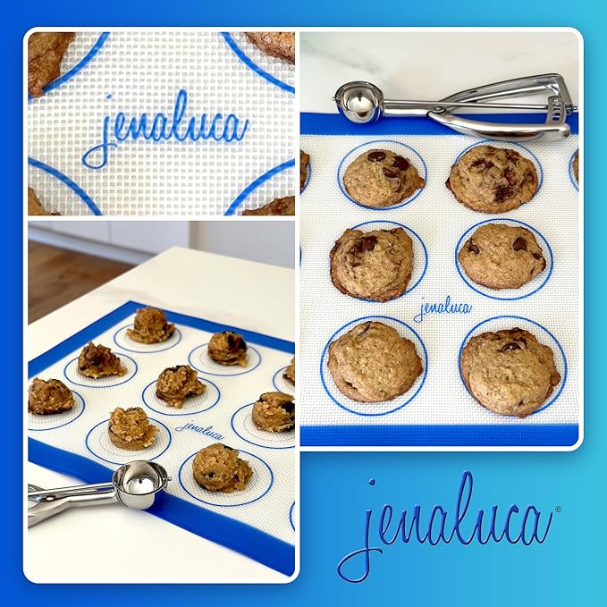 Jenaluca Silicone Baking Mats 2 Pack - Non-Stick Mats with Cookie Measurements Reusable Food Grade Silicone for Cookies, Pastries & Meal Preparation - Non Slip - 16.5 x 11.6