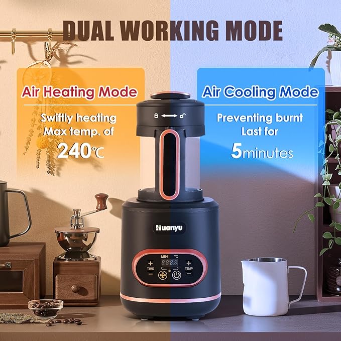 Huanyu Coffee Bean Roaster 100g with Timer Coffee Roasters for Home Use with Adjustable Heating and Cool Setting Electric Roaster 1500w 110v