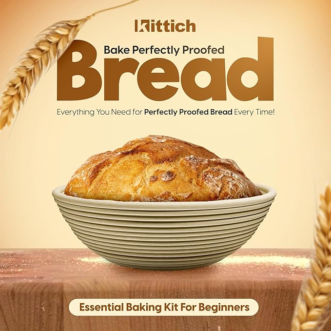 KITTICH Banneton Bread Proofing Basket with Essentials Set, 10 Inch Oval and 9 Inch Round Rattan Baskets with Linen Liners, Perfect for Sourdough Starter Kit - Sourdough Bread Baking Supplies