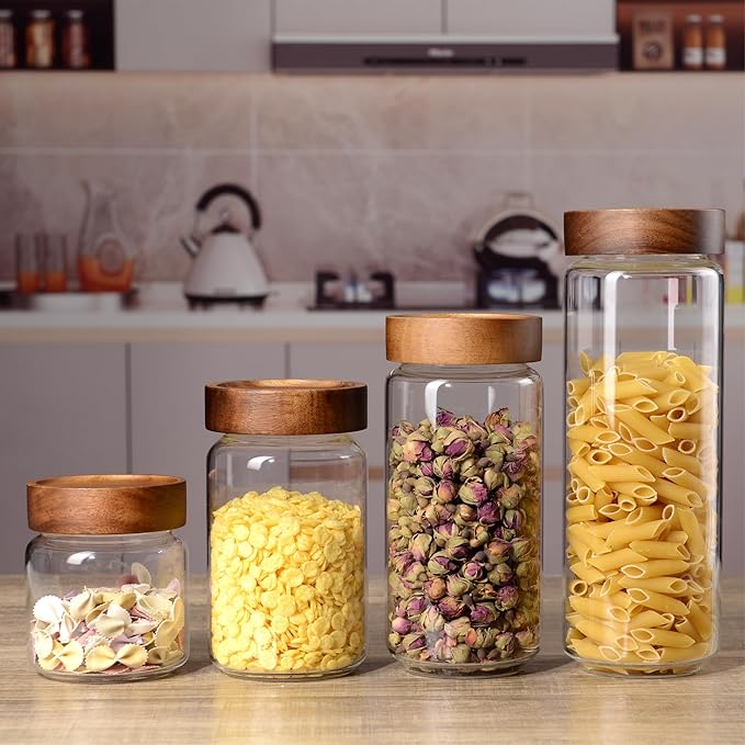 13.5 oz/400 ml Glass Jar with Airtight Wooden Screw Top Lid, Clear Stackable Food Storage Canister, Small Cute Decorative Glass Container for Coffee, Candy, Cookie, Sugar, Oatmeal, Salt, Spice