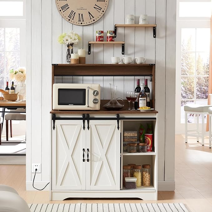 Wnutrees Farmhouse Coffee Bar Cabinet with Charging Station and USB Ports, Sliding Barn Door, 43" Kitchen Hutch Sideboard Buffet Storage Cabinet, Fits Kitchen Dining Living Room, White