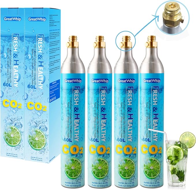 GreatWhip 60L CO2 Cylinder For Sodastream, Exchange Carbonator Compatible With SodaMaker Appliance, Threaded Cylinders, Set of 4