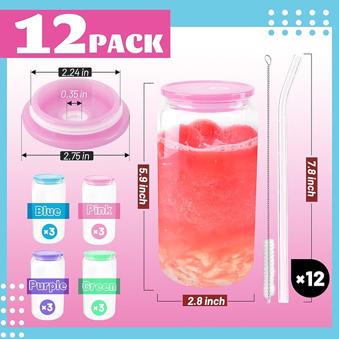 Joyclub 12pcs Glass Cups with Acrylic Lids and Straws 16 oz Can Shaped Glass Iced Coffee Cups with Lids and Straws, Cute Tumbler Cup Drinking Glasses for Smoothie Whiskey Boba Soda Tea Gift