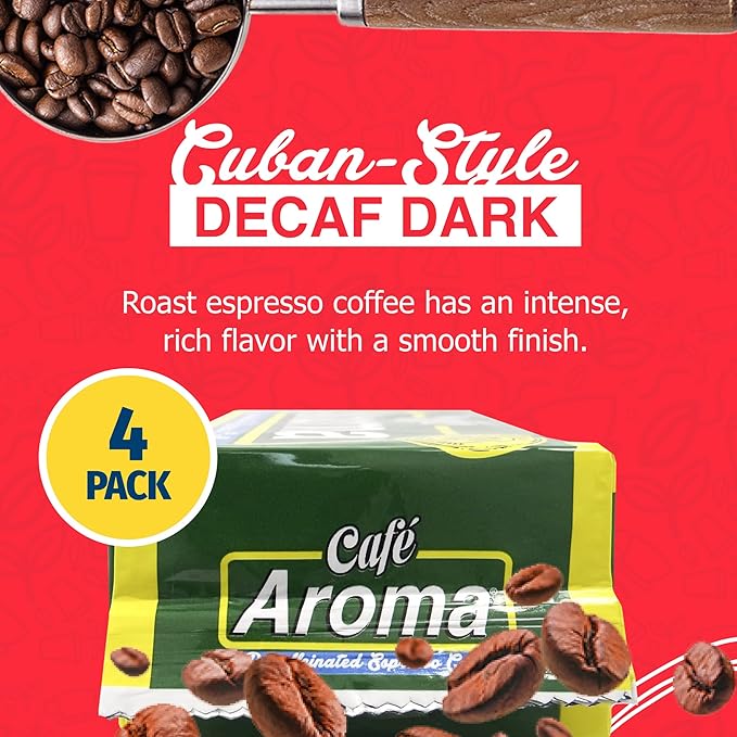 Café Aroma Decaf Dark Roast Espresso Ground Coffee, Authentic Cuban Style Coffee, Vacuum Sealed, 8.8oz, Perfect for Hot and Iced Coffee, 4-Pack