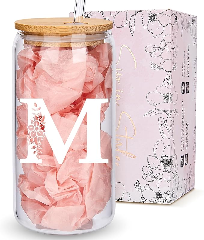Personalized Gifts for Women, Monogrammed Glass Cups with Lids and Straws, Custom Tumbler, Cute Customized Mug, Aesthetic Stuff, Initial Iced Coffee Cup, Drinking Glasses, Birthday Teacher Gifts, M