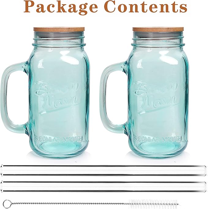 ANOTION Mason Jar with Handle - Colorful Drinking Glasses Colored Glass Cups with Lids and Straws Colored Glasses Drinking Set of 2 Mason Jars Iced Coffee Cups Tumblers Smoothie Water Bottles
