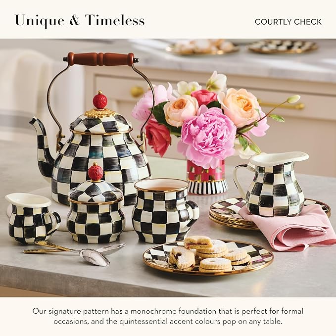 MACKENZIE-CHILDS Enamel Tea Kettle, Stylish Tea Kettle for Stovetop, Black-and-White Courtly Check, 2 Quarts
