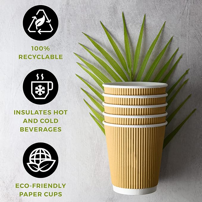 NYHI 100 10 oz Ripple Kraft Paper Cups Brown Hot Cold 3 Layer Rippled Small Insulated Disposable Coffee Cups for Cappuccino Hot Cocoa or Iced Drinks