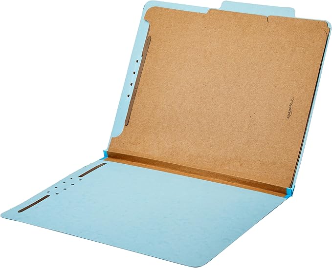 Amazon Basics Classification Folder with Prongs, 100% Recycled, 2 Dividers, 2" Embedded, 12.17 x 10.39 inch (Letter) Size, Light Blue, 10 Count per Box