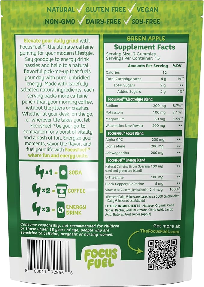 FocusFuel Energy Chews – Green Apple Flavor (15 Servings) – 100mg Caffeine + B12, Magnesium, Alpha GPC – Boost Focus & Energy – No Crash or Jitters