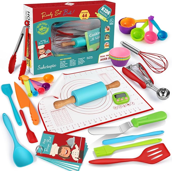 44Pcs Kids Cooking & Baking Set for Real Cooking, Kids Safe Knife & Cooking Tools Utensils with Cookbooks, Toddler Safe Montessori Kitchen Tools Birthday for Girls Boys Ages 6+