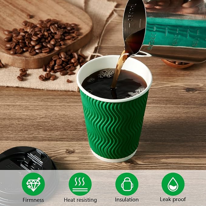 100 Count 12 OZ Coffee Cups with Lids, Insulated Ripple Wall Paper Hot Coffee Paper Cups for Hot Drinks