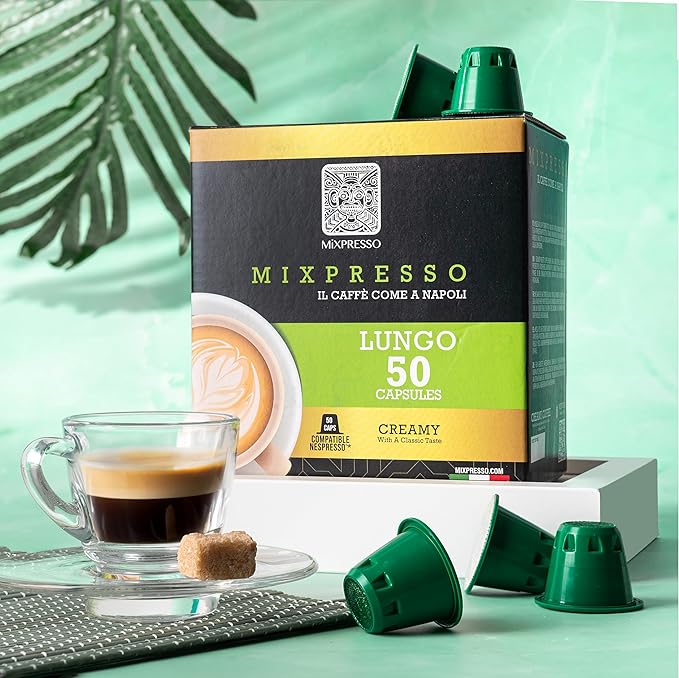 Mixpresso Lungo Coffee Espresso Capsules Compatible With Nespresso Original Brewers, Single Cup Coffee Pods 100% from Italy, Dark Roast 80% Arabica Espresso, 50 Count Coffee Capsule Intensity 10/12