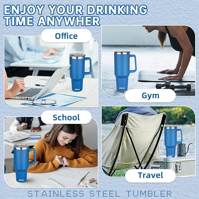 40 oz Insulated Coffee Mug with Ceramic Coating, Stainless Steel Travel Mug Tumbler with Handle Lid and Straw, Double Wall Leak-Proof Coffee Travel Mug Keeps Drink Hot and Cold (Blue)