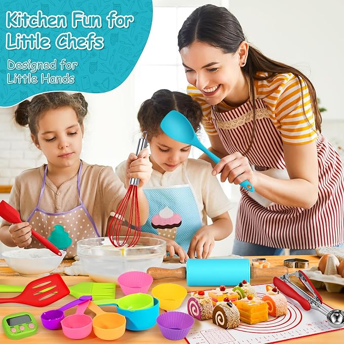 44Pcs Kids Cooking & Baking Set for Real Cooking, Kids Safe Knife & Cooking Tools Utensils with Cookbooks, Toddler Safe Montessori Kitchen Tools Birthday for Girls Boys Ages 6+