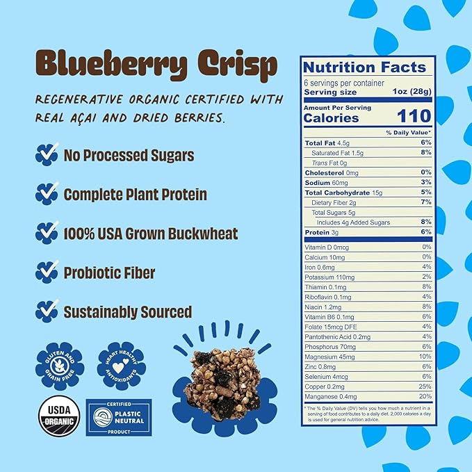 Clusterbucks Superfood Clusters – Grain-Free, Keto-Friendly Granola with Regeneratively Grown Sprouted Buckwheat– Gluten-Free, Low-Carb, Organic Healthy Snack (6 Ounce (Pack of 3), Blueberry Crisp)