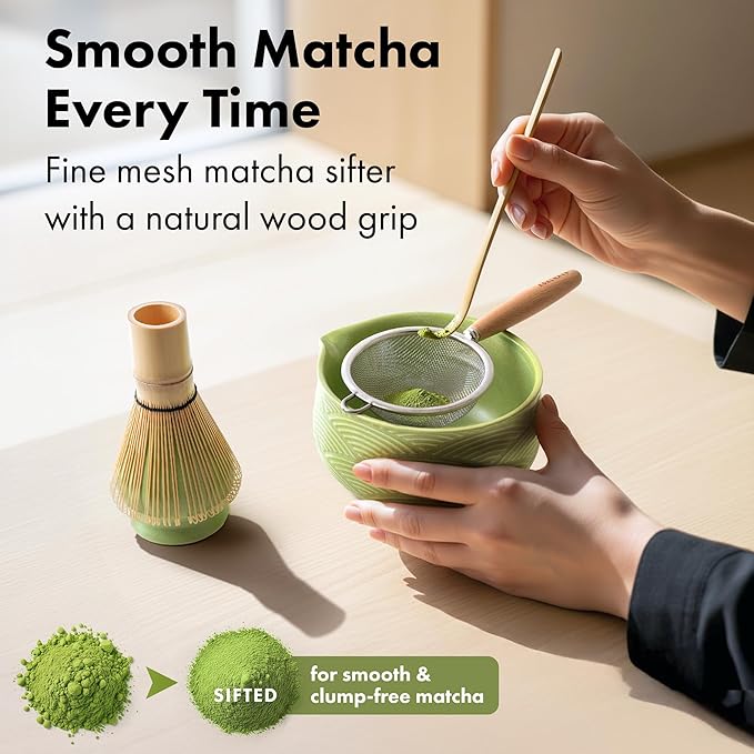 Matcha Whisk Set (7 Pcs) - Complete Matcha Set, Matcha Bowl with Spout, Whisk with Holder, Bamboo Scoop with Rest and Sifter, Perfect Kit for Matcha Lovers (Green Mist)