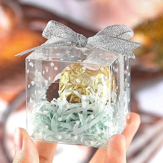 Ocmoiy 2x2x2 Inches Macaron Boxes for 2, White Polka Dot, 50 PCS Small Clear Favor Cube Boxes with Silver Ribbons for Wedding Baby Shower Birthday Party Supplies