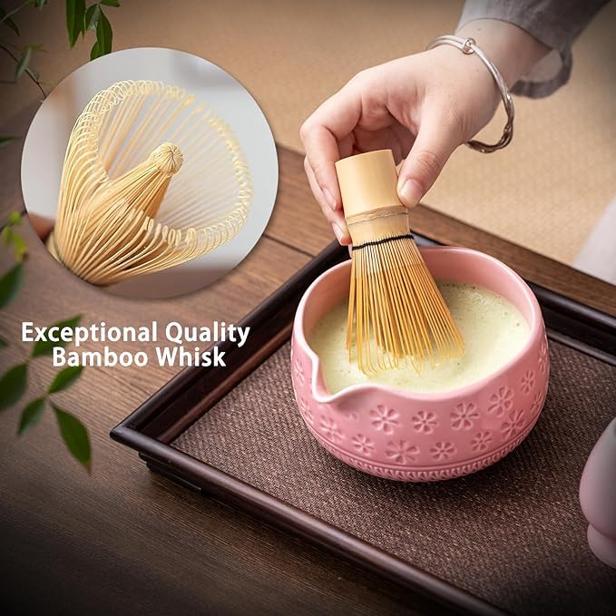 Matcha Whisk Set, 10 Pcs Matcha Set Includes Matcha Bowl, 2 Cups, Matcha Whisk and Holder, Bamboo Scoop and Spoon, Scoop Rest, Sifter and Tea Towel, Complete Matcha Kit (Pink)