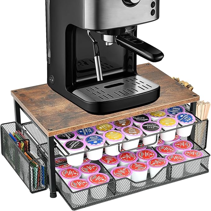 Spacrea K Cup Holder Organizer, Coffee Pod Holder for Countertop with 2 Tier Sliding Storage Drawer and Coffee Accessories Holder, 63 Large Capacity or 80 Small Capsules, Home Kitchen
