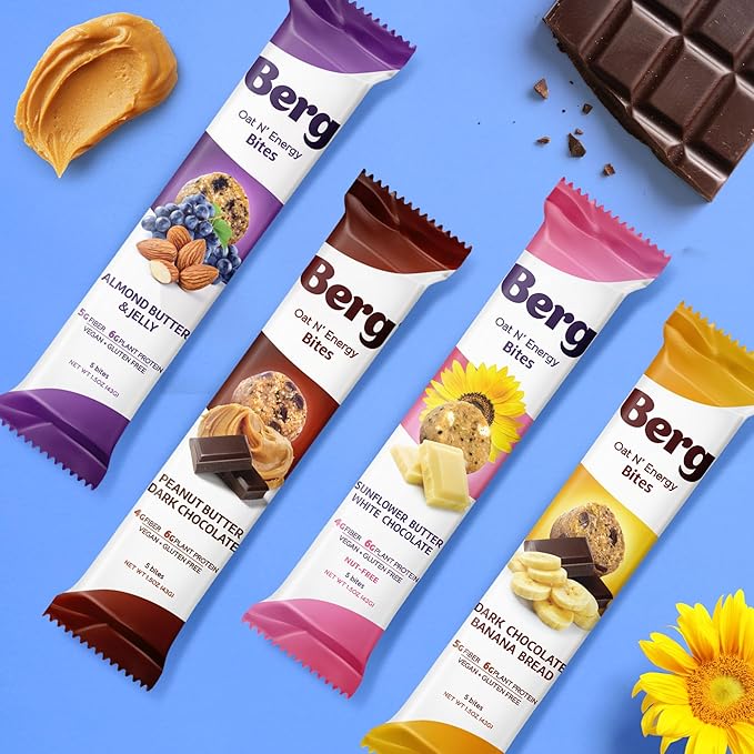 Berg Oat N' Energy Bites - Dark Chocolate Banana Bread - Non-GMO, Gluten Free, Dairy Free, Soy Free and Vegan - Clean Energy Snack - 1.5oz, (8 Pack)