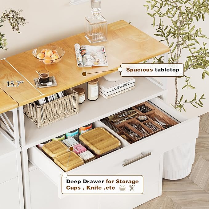 Vongrasig Sideboard Buffet Cabinet with Storage, 32” Modern Kitchen Storage Cabinet with Open Storage, Adjustable Shelf, Wood Farmhouse Coffee Bar Buffet Table for Kitchen, Dining Room, White