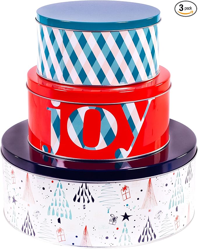 Steel Mill & Co Tin Containers with Lids, 3 Pack Christmas Cookie Tins, Festive Cookie Tins for Gift Giving & Holiday Treats, Round Metal Nesting Containers, Large Medium Small, Joy Plaid