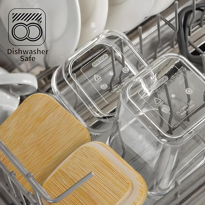 Square Storage Containers with Lids, Clear Food Storage Container Jar with Sealing Bamboo Lid for Noodles Flour Cereal Rice Sugar Tea Coffee Beans