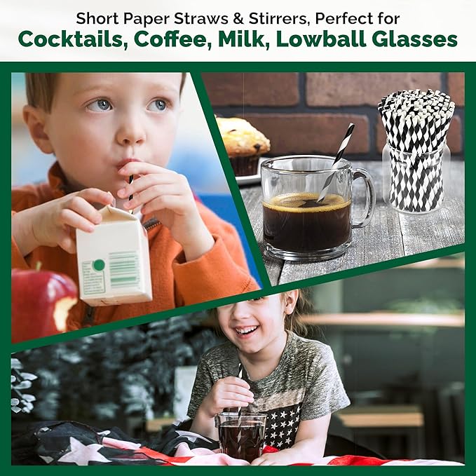 [500 Counts] Chunspak 5.75 inch Eco-friendly Disposable Short Paper Drinking Straws Bulk for Cocktail, Mixed Drinks - Black White Striped