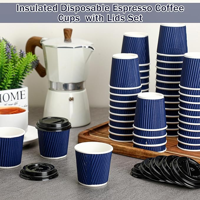 Uiifan 100 Set 4oz Disposable Espresso Cups with Lids Ripple Corrugated Paper Disposable Coffee Insulated Hot Ripple Cups for hot Chocolate, Tea, and Cocoa Drinks(Blue)