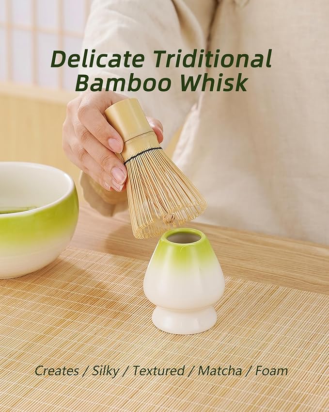 ZENS Matcha Whisk Set, 15oz Matcha Bowl with Spout, 6pcs Matcha Tea Set with Bamboo Whisk & Scoop, Holder (Chasen), Matcha Sifter, Tea Towel for Matcha Ceremony, Green