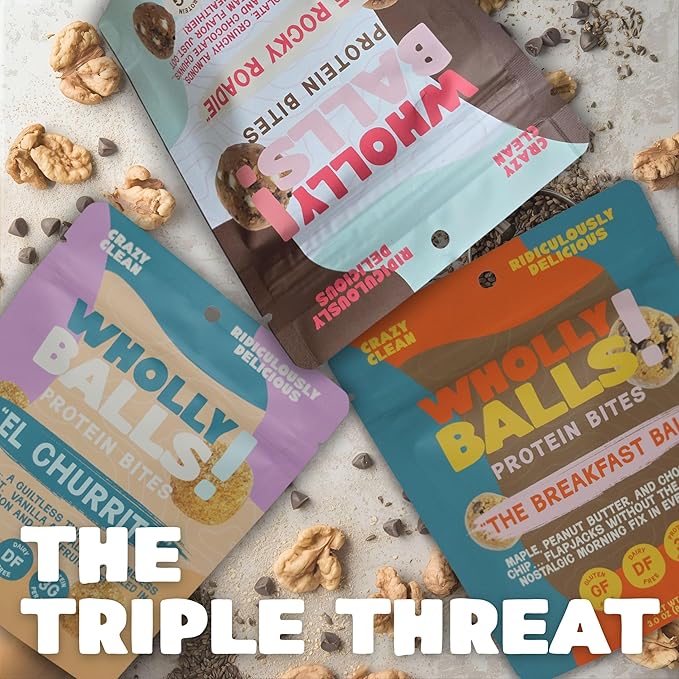 Wholly Balls Protein Bites – Healthy Plant-Based Snack | High Protein, Low Sugar, Gluten-Free Energy Balls (Pack of 3, Triple Threat)